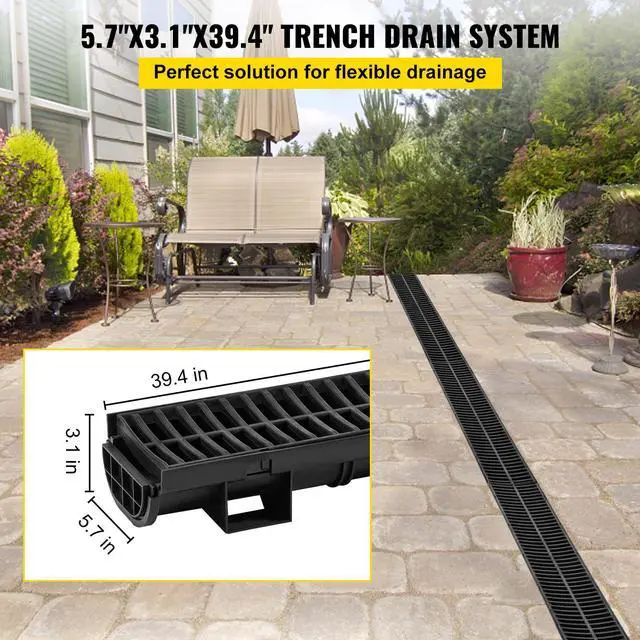Alt view image 2 of 7 - Trench Drain System, Channel Drain with Plastic Grate, 5.7x3.1-Inch HDPE Drainage Trench, Black Plastic Garage Floor Drain, 5x39 Trench Drain Grate, with 5 End Caps, for Garden, Driveway-5 Pack