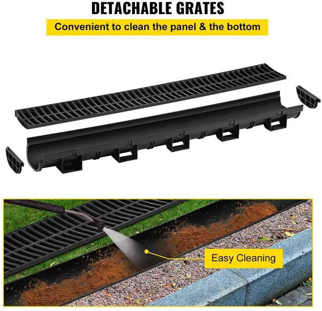 Alt view image 4 of 7 - Trench Drain System, Channel Drain with Plastic Grate, 5.7x3.1-Inch HDPE Drainage Trench, Black Plastic Garage Floor Drain, 5x39 Trench Drain Grate, with 5 End Caps, for Garden, Driveway-5 Pack