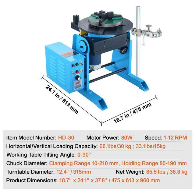 Alt view image 14 of 14 - VEVOR Rotary Welding Positioner 66LBS / 30KG, 0-90° Welding Positioning Turntable Table 1-12RPM 80W, with 12.4 Inch 3-Jaw Lathe Chuck & Welding Torch Stand Holder for Cutting, Grinding, Assembly