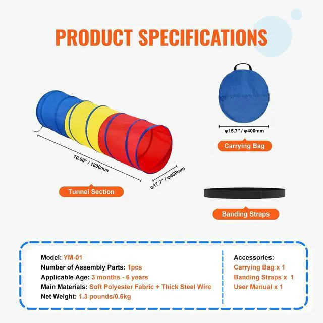 Alt view image 14 of 14 - VEVOR Kids Play Tunnel Tent for Toddlers, Colorful Pop Up Crawl Tunnel Toy for Baby or Pet, Collapsible Gift for Boy and Girl Play Tunnel Indoor and Outdoor Game Red/Yellow/Blue Multicolor