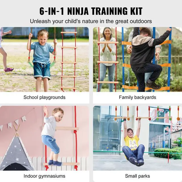 Alt view image 10 of 15 - VEVOR Ninja Warrior Obstacle Course for Kids, 50 ft Weatherproof Slacklines, 500lbs Weight Capacity Monkey Line, Outdoor Playset Equipment, Backyard Toys Training Equipment Set with 10 Obstacles