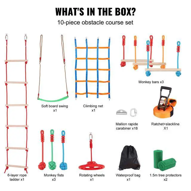 Alt view image 14 of 15 - VEVOR Ninja Warrior Obstacle Course for Kids, 50 ft Weatherproof Slacklines, 500lbs Weight Capacity Monkey Line, Outdoor Playset Equipment, Backyard Toys Training Equipment Set with 10 Obstacles