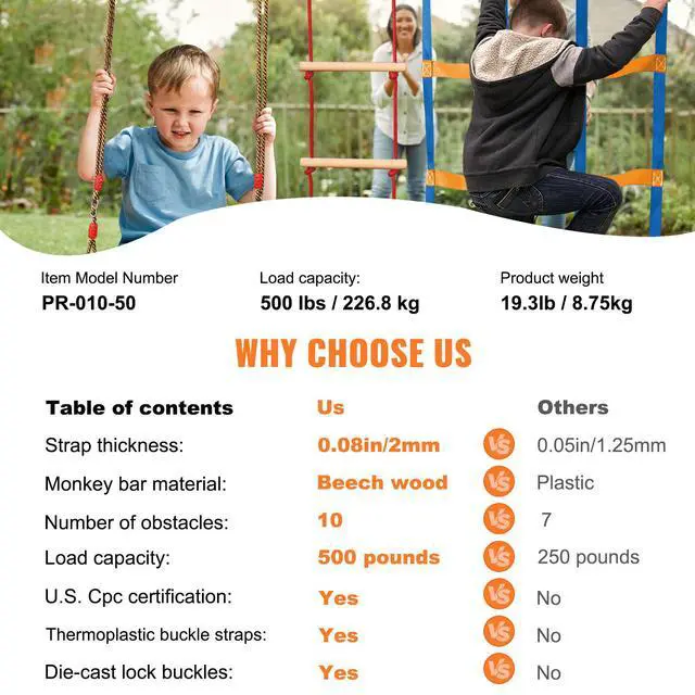 Alt view image 15 of 15 - VEVOR Ninja Warrior Obstacle Course for Kids, 50 ft Weatherproof Slacklines, 500lbs Weight Capacity Monkey Line, Outdoor Playset Equipment, Backyard Toys Training Equipment Set with 10 Obstacles