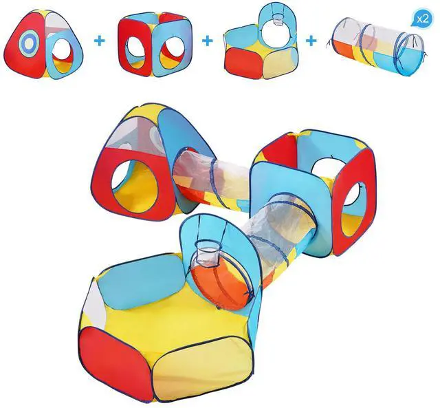 Alt view image 8 of 14 - VEVOR 5 in 1 Kids Play Tent with Tunnel, Basketball Hoop for Boys, Girls, Babies and Toddlers, Indoor/Outdoor Pop Up Playhouse with Carrying Bag & Banding Straps Birthday Gifts, Red/Yellow/Blue