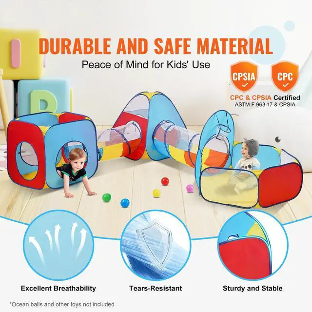 Alt view image 9 of 14 - VEVOR 5 in 1 Kids Play Tent with Tunnel, Basketball Hoop for Boys, Girls, Babies and Toddlers, Indoor/Outdoor Pop Up Playhouse with Carrying Bag & Banding Straps Birthday Gifts, Red/Yellow/Blue