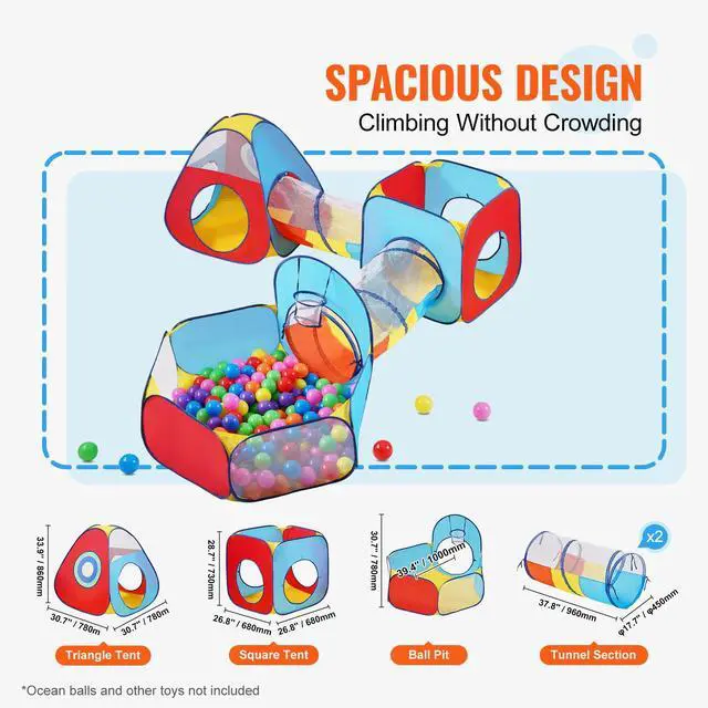 Alt view image 10 of 14 - VEVOR 5 in 1 Kids Play Tent with Tunnel, Basketball Hoop for Boys, Girls, Babies and Toddlers, Indoor/Outdoor Pop Up Playhouse with Carrying Bag & Banding Straps Birthday Gifts, Red/Yellow/Blue