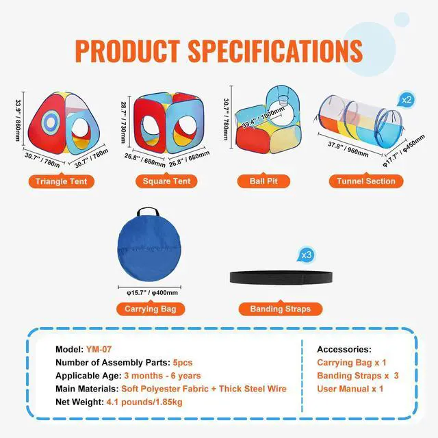 Alt view image 14 of 14 - VEVOR 5 in 1 Kids Play Tent with Tunnel, Basketball Hoop for Boys, Girls, Babies and Toddlers, Indoor/Outdoor Pop Up Playhouse with Carrying Bag & Banding Straps Birthday Gifts, Red/Yellow/Blue