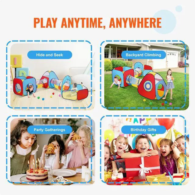 Alt view image 13 of 14 - VEVOR 5 in 1 Kids Play Tent with Tunnel, Basketball Hoop for Boys, Girls, Babies and Toddlers, Indoor/Outdoor Pop Up Playhouse with Carrying Bag & Banding Straps Birthday Gifts, Red/Yellow/Blue