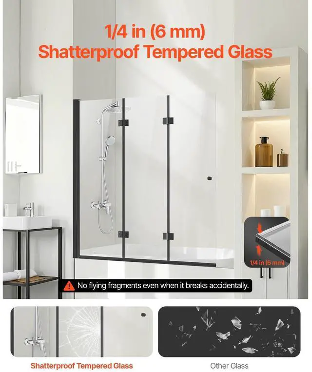 Alt view image 3 of 8 - Bathtub Shower Door 51 in. W x 56 in. H Frameless Foldable Tub Shower Doors