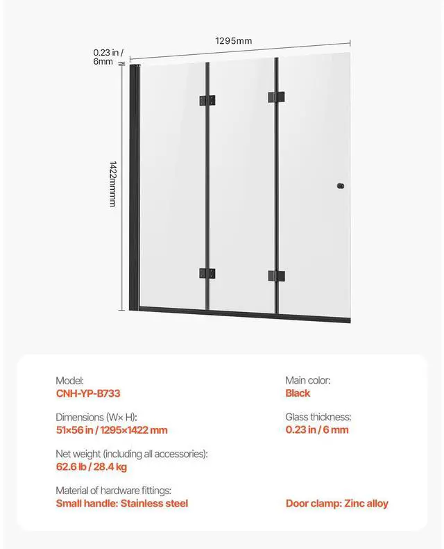 Alt view image 8 of 8 - Bathtub Shower Door 51 in. W x 56 in. H Frameless Foldable Tub Shower Doors