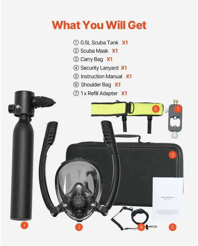 Alt view image 9 of 9 - VEVOR  0.5L Scuba Tank 32.81 ft Diving Depth Refillable Snorkel Air Tank Kit