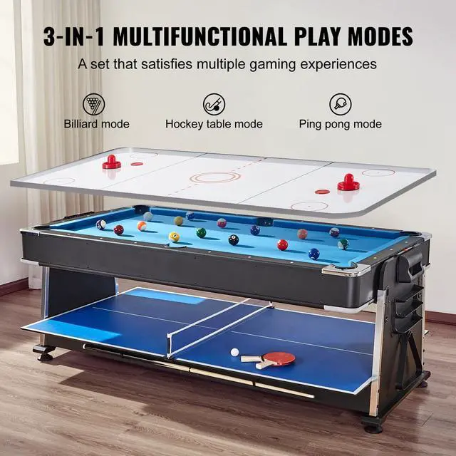 Alt view image 2 of 7 - 3-in-1 Rotating Swivel Multi Game Table with Air Hockey, Billiards/Pool, and Table Tennis, 88" Hockey Table for Game Room Family Home, Arcade Gaming Set, All Accessories For Each Game Included