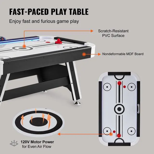 Alt view image 10 of 14 - VEVOR Air-Powered Hockey Table, 72" Indoor Hockey Table for Kids and Adults, LED Sports Hockey Game with 2 Pucks, 2 Pushers, and Electronic Score System, Arcade Gaming Set for Game Room Family Home