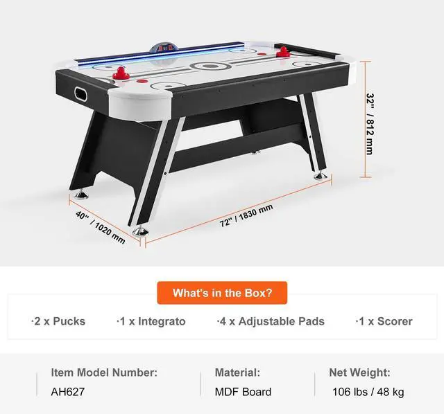 Alt view image 14 of 14 - VEVOR Air-Powered Hockey Table, 72" Indoor Hockey Table for Kids and Adults, LED Sports Hockey Game with 2 Pucks, 2 Pushers, and Electronic Score System, Arcade Gaming Set for Game Room Family Home