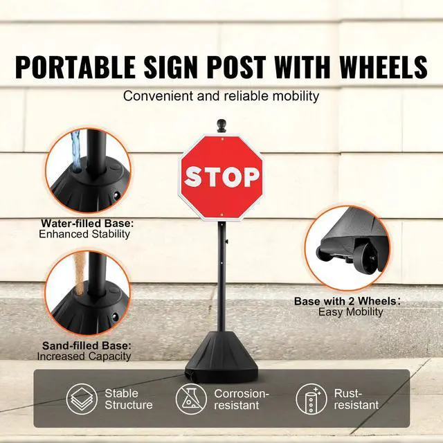 Alt view image 9 of 14 - VEVOR Portable Sign Post, 5 ft Cast Iron Sign Post Holder with Hard Plastic Base & Wheels, Movable Parking Sign Stand for No Parking Street Signs, Handicap Parking Sign, with Base, Bolts Nuts, Black