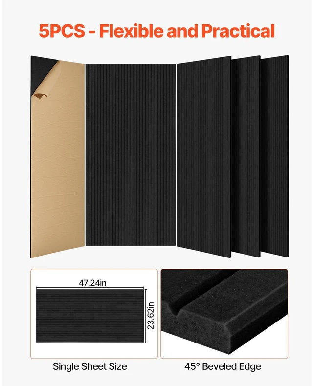 Alt view image 6 of 7 - 5 Pack Acoustic Panels with Self Adhesive, 47.2 x 23.6 x 0.4 inch Sound Proof Foam Panels, Polyester Fiber Soundproof Wall Panels High Density, for Home, Studio, Office, Theater, Black