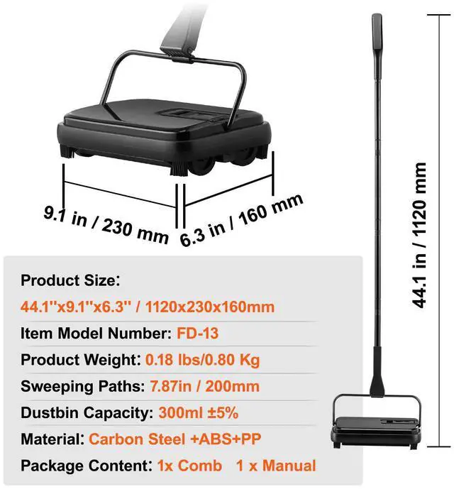 Alt view image 14 of 14 - VEVOR Carpet Sweeper, 7.87 in Sweeping Paths, Floor Sweeper Manual Non Electric, 300 ml Dustbin Capacity with Comb for Home Office Rugs Hardwood Surfaces Wood Floors Laminate, Cleans Dust Pet Hair