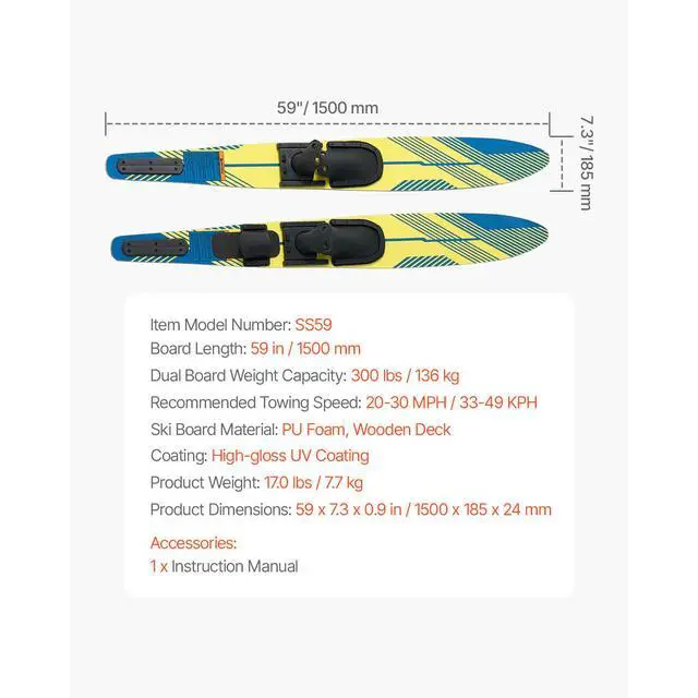 Alt view image 8 of 8 - VEVOR 59" Water Skis, Adult Water Ski with X-7 Adjustable Horseshoe Bindings & Padded Rear Toe Plate, High-gloss UV Coating Waterskis  Combo for Adults Up to 300 lbs