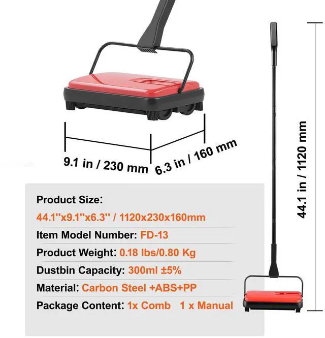 Alt view image 14 of 14 - VEVOR Carpet Floor Sweeper Manual 6.7 inch Width Sweeping Paths Non Electric Red