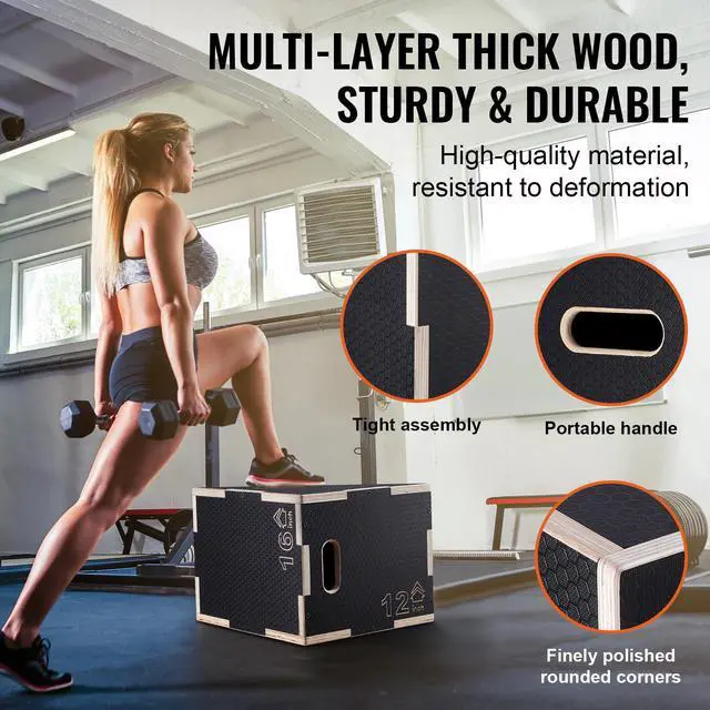 Alt view image 11 of 14 - VEVOR 3 in 1 Plyometric Jump Box, 16/14/12 Inch Wooden Plyo Box, Platform & Jumping Agility Box, Anti-Slip Fitness Exercise Step Up Box for Home Gym Training, Conditioning Strength Training, Black