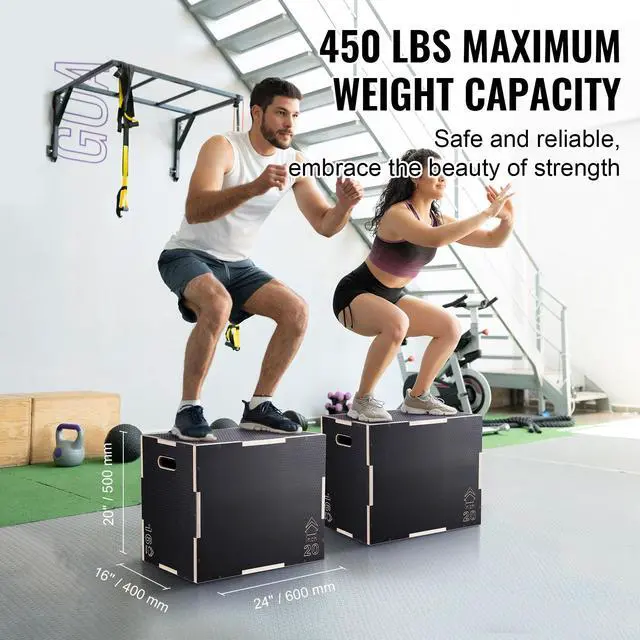 Alt view image 9 of 14 - VEVOR 3 in 1 Plyometric Jump Box, 24/20/16 Inch Wooden Plyo Box, Platform & Jumping Agility Box, Anti-Slip Fitness Exercise Step Up Box for Home Gym Training, Conditioning Strength Training, Black