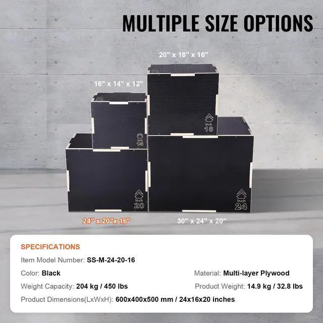 Alt view image 14 of 14 - VEVOR 3 in 1 Plyometric Jump Box, 24/20/16 Inch Wooden Plyo Box, Platform & Jumping Agility Box, Anti-Slip Fitness Exercise Step Up Box for Home Gym Training, Conditioning Strength Training, Black