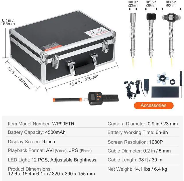 Alt view image 9 of 9 - VEVOR Sewer Camera 98 ft Self-Leveling Duct Camera with 512Hz Locator 36X Zoom