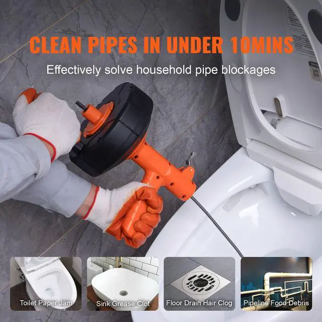 Alt view image 10 of 15 - VEVOR Drain Auger, 25ft 1/4in Heavy Duty Flexible Drum Plumbing Drain Snake with Drill Adapter, Use Manually/Powered Steel Cable Clog Remover, Kitchen Bathrom Shower Sink with Gloves Autofeed Control