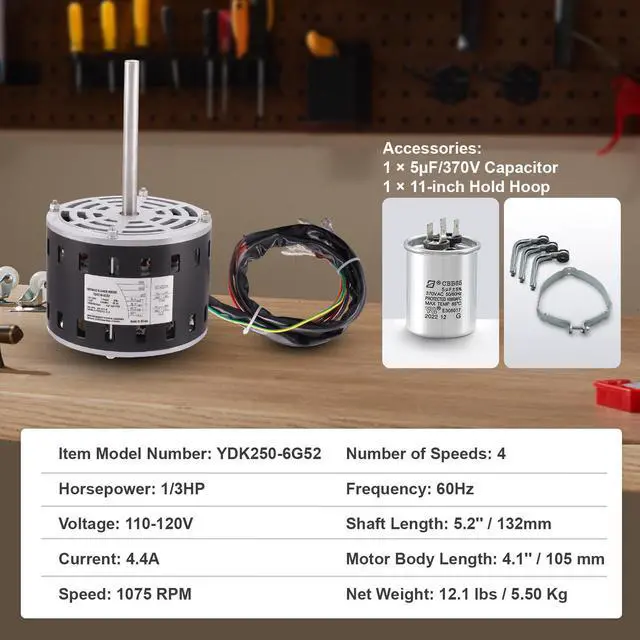 Alt view image 14 of 14 - VEVOR 1/3HP Furnace Blower Motor, 110/120V 4.4Amps, 1075RPM 4 Speeds, CW/CCW Rotation, 48 Frame 5.2" Shaft Length, 5F/370V Capacitor + 11" Hold Hoop