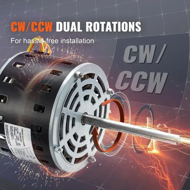 Alt view image 12 of 14 - VEVOR 1/3HP Furnace Blower Motor, 110/120V 4.4Amps, 1075RPM 4 Speeds, CW/CCW Rotation, 48 Frame 5.2" Shaft Length, 5F/370V Capacitor + 11" Hold Hoop