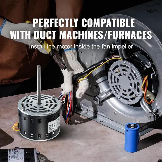 Alt view image 13 of 14 - VEVOR 1/3HP Furnace Blower Motor, 110/120V 4.4Amps, 1075RPM 4 Speeds, CW/CCW Rotation, 48 Frame 5.2" Shaft Length, 5F/370V Capacitor + 11" Hold Hoop