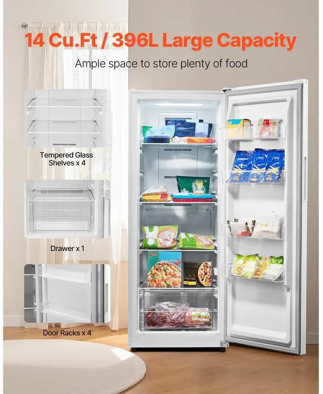 Alt view image 3 of 7 - Convertible Freezer/Refrigerator, 14 Cu.Ft Frost Free Upright Freezer with Temp Control Panel, Door Open too Long Alarm, Adjustable Shelves and LED, Standing Fridge for Kitchen, Office, Garage