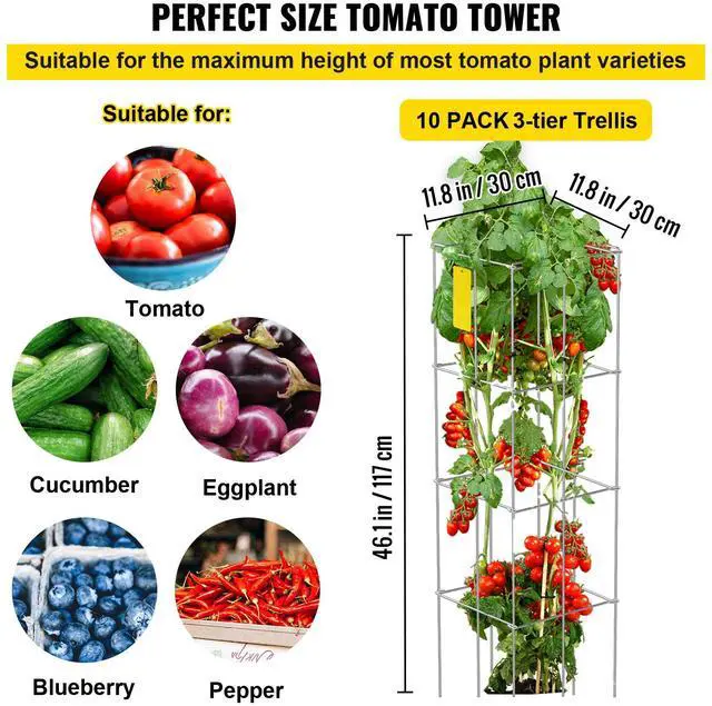 Alt view image 6 of 10 - VEVOR Tomato Cages, 11.8" x 11.8" x 46.1", 10 Packs Square Plant Support Cages, Silver PVC-Coated Steel Tomato Towers for Climbing Vegetables, Plants, Flowers, Fruits