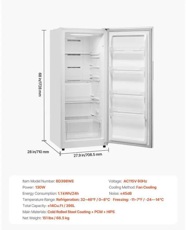 Alt view image 7 of 7 - Convertible Freezer/Refrigerator, 14 Cu.Ft Frost Free Upright Freezer with Temp Control Panel, Door Open too Long Alarm, Adjustable Shelves and LED, Standing Fridge for Kitchen, Office, Garage
