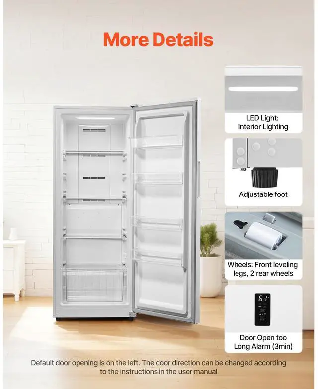 Alt view image 5 of 7 - Convertible Freezer/Refrigerator, 14 Cu.Ft Frost Free Upright Freezer with Temp Control Panel, Door Open too Long Alarm, Adjustable Shelves and LED, Standing Fridge for Kitchen, Office, Garage