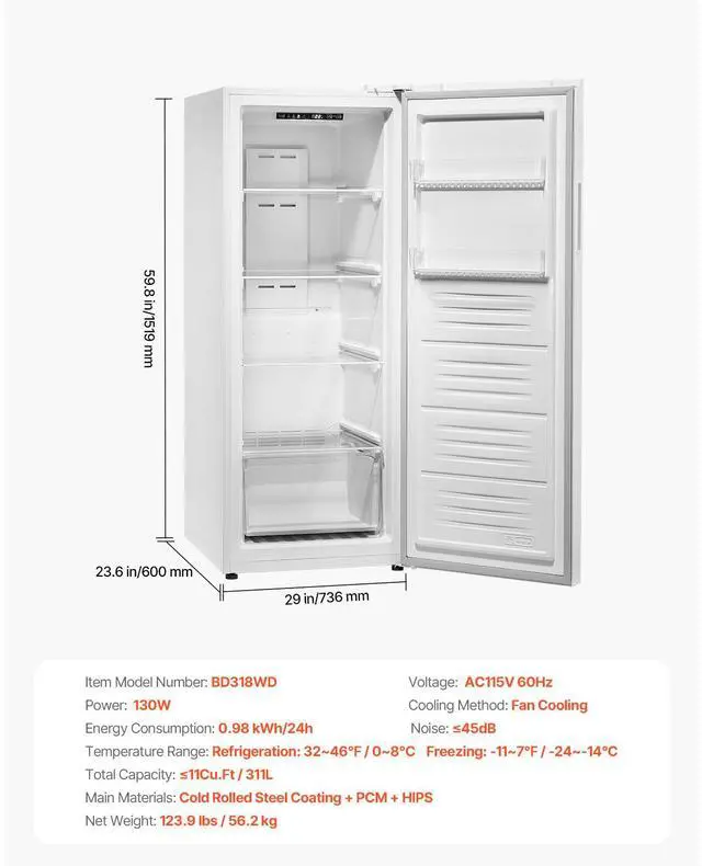 Alt view image 7 of 7 - Convertible Freezer/Refrigerator, 11 Cu.Ft Frost Free Upright Freezer with Temp Control Panel, Reversible Door, Adjustable Glass Shelves and LED, Standing Fridge for Kitchen, Office, Garage