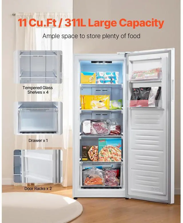 Alt view image 3 of 7 - Convertible Freezer/Refrigerator, 11 Cu.Ft Frost Free Upright Freezer with Temp Control Panel, Reversible Door, Adjustable Glass Shelves and LED, Standing Fridge for Kitchen, Office, Garage