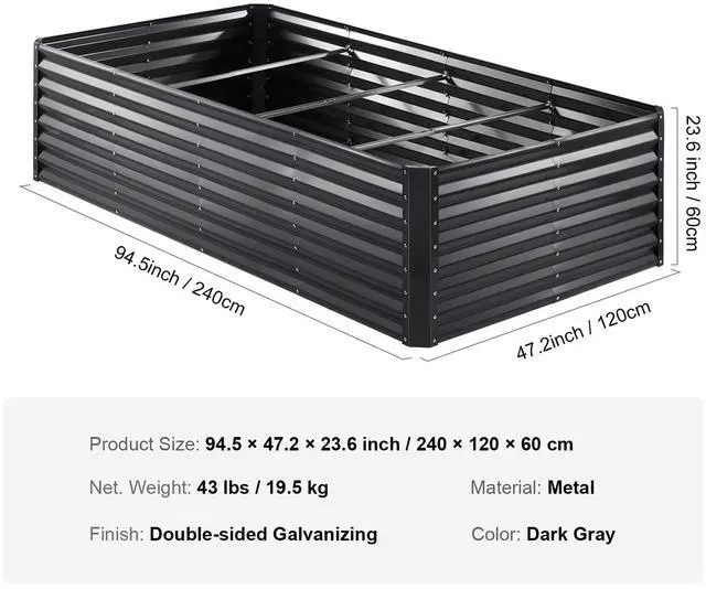Alt view image 15 of 15 - VEVOR Galvanized Raised Garden Bed Planter Box 94.5x47.2x23.6" Flower Vegetable