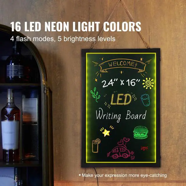 Alt view image 9 of 14 - VEVOR LED Message Writing Board, 24"x16" Illuminated Erasable Lighted Chalkboard, Neon Effect Menu Sign Board, Drawing Board with 8 Fluorescent Chalk Markers and Remote Tested to UL Standards