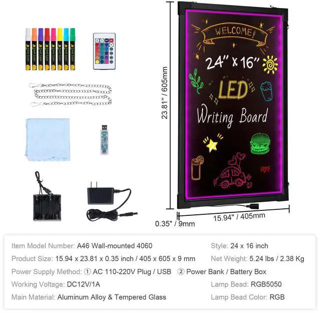 Alt view image 14 of 14 - VEVOR LED Message Writing Board, 24"x16" Illuminated Erasable Lighted Chalkboard, Neon Effect Menu Sign Board, Drawing Board with 8 Fluorescent Chalk Markers and Remote Tested to UL Standards