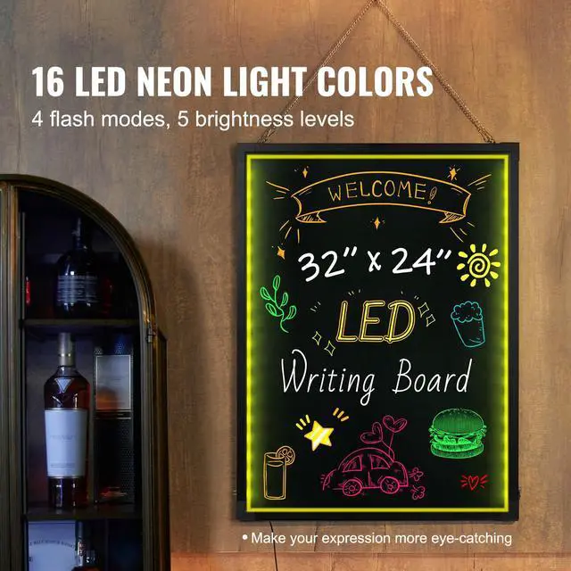 Alt view image 9 of 14 - VEVOR LED Message Writing Board, 32"x24" Illuminated Erasable Lighted Chalkboard, Neon Effect Menu Sign Board, Drawing Board with 8 Fluorescent Chalk Markers and Remote Contro Tested toStandards