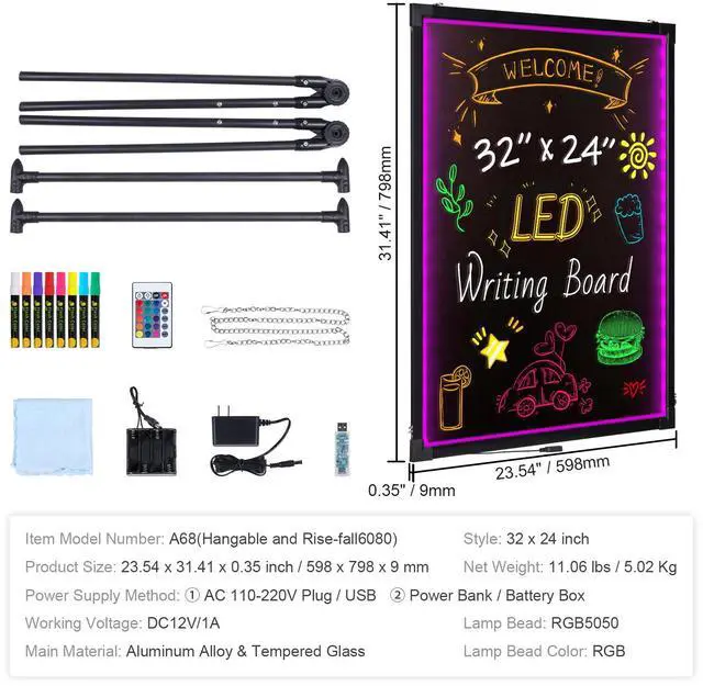 Alt view image 14 of 14 - VEVOR LED Message Writing Board, 32"x24" Illuminated Erasable Lighted Chalkboard, Neon Effect Menu Sign Board, Drawing Board with 8 Fluorescent Chalk Markers and Remote Contro Tested toStandards