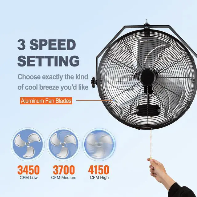 Alt view image 14 of 18 - VEVOR Wall Mount Fan, 18 Inch, 3-speed High Velocity Max. 4150 CFM, Waterproof Oscillating Industrial Wall Fan, Commercial or Residential for Warehouse, Greenhouse, Workshop, Patio, Black, ETL Listed