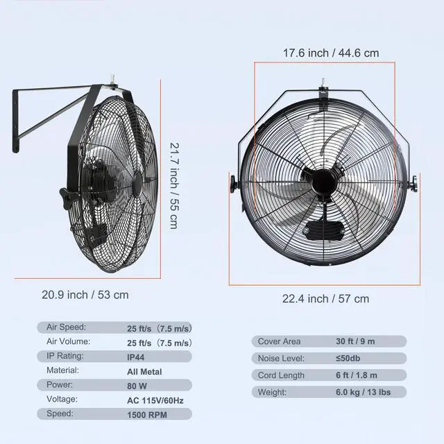 Alt view image 18 of 18 - VEVOR Wall Mount Fan, 18 Inch, 3-speed High Velocity Max. 4150 CFM, Waterproof Oscillating Industrial Wall Fan, Commercial or Residential for Warehouse, Greenhouse, Workshop, Patio, Black, ETL Listed