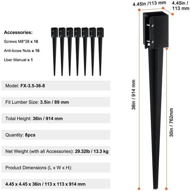 Alt view image 8 of 8 - VEVOR Fence Post Anchor Ground Spike, 8 Pack 36 x 4 x 4 Inches Outer Diameter (Inner Diameter 3.5 x3.5 Inches), Metal Black Powder Coated Post Stake Ground, for Mailbox Deck Garden Railing