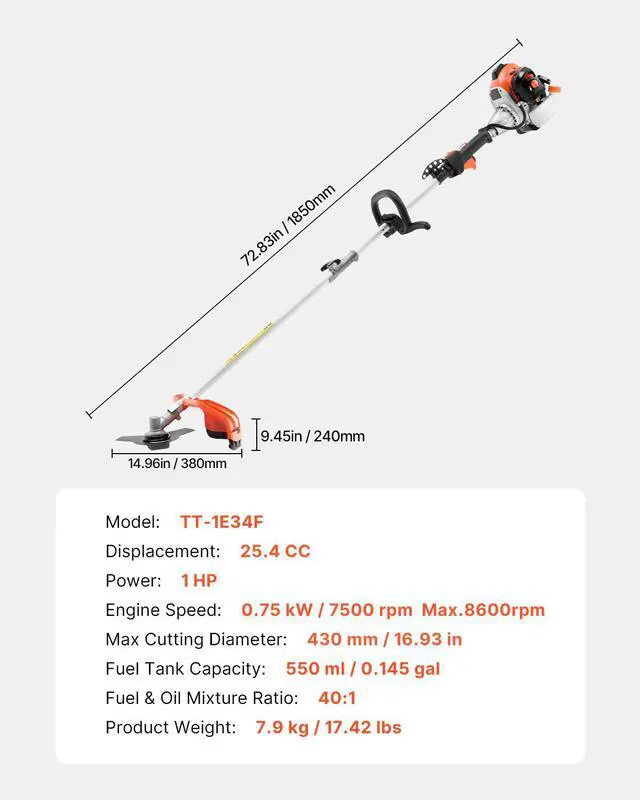 Alt view image 8 of 8 - VEVOR String Trimmer, 25.2CC 2-Stroke, Gas Powered Weed Wacker, 16.9" Cordless Grass Trimmer, Multi-Functional Lawn Edger with Shoulder Strap & 3T Blade, Weed Eater for Quick Grass Cleaning