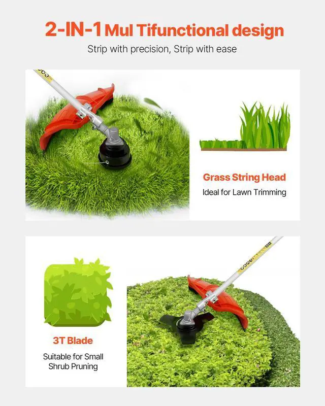 Alt view image 4 of 8 - VEVOR String Trimmer, 25.2CC 2-Stroke, Gas Powered Weed Wacker, 16.9" Cordless Grass Trimmer, Multi-Functional Lawn Edger with Shoulder Strap & 3T Blade, Weed Eater for Quick Grass Cleaning