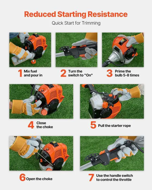 Alt view image 5 of 8 - VEVOR String Trimmer, 25.2CC 2-Stroke, Gas Powered Weed Wacker, 16.9" Cordless Grass Trimmer, Multi-Functional Lawn Edger with Shoulder Strap & 3T Blade, Weed Eater for Quick Grass Cleaning