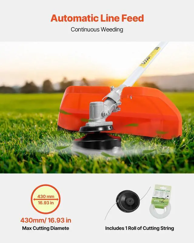 Alt view image 6 of 8 - VEVOR String Trimmer, 25.2CC 2-Stroke, Gas Powered Weed Wacker, 16.9" Cordless Grass Trimmer, Multi-Functional Lawn Edger with Shoulder Strap & 3T Blade, Weed Eater for Quick Grass Cleaning