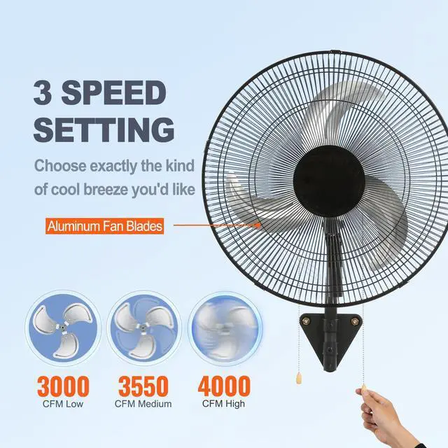 Alt view image 12 of 16 - VEVOR Wall Mount Fan, 18 Inch, 3-speed High Velocity Max. 4000 CFM Oscillating Industrial Wall Fan, Commercial or Residential for Warehouse, Greenhouse, Workshop, Patio, Basement, Black, ETL Listed